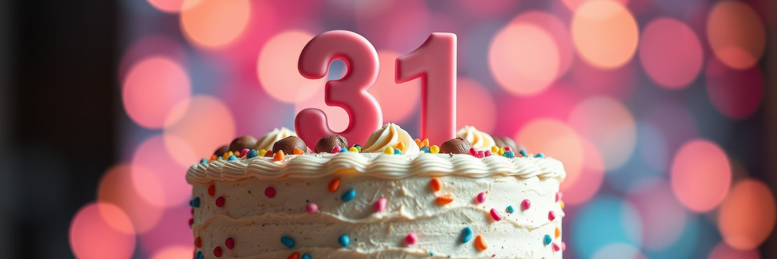 Celebration with a colorful birthday cake topped with a pink number 31 and sprinkles in a festive atmosphere